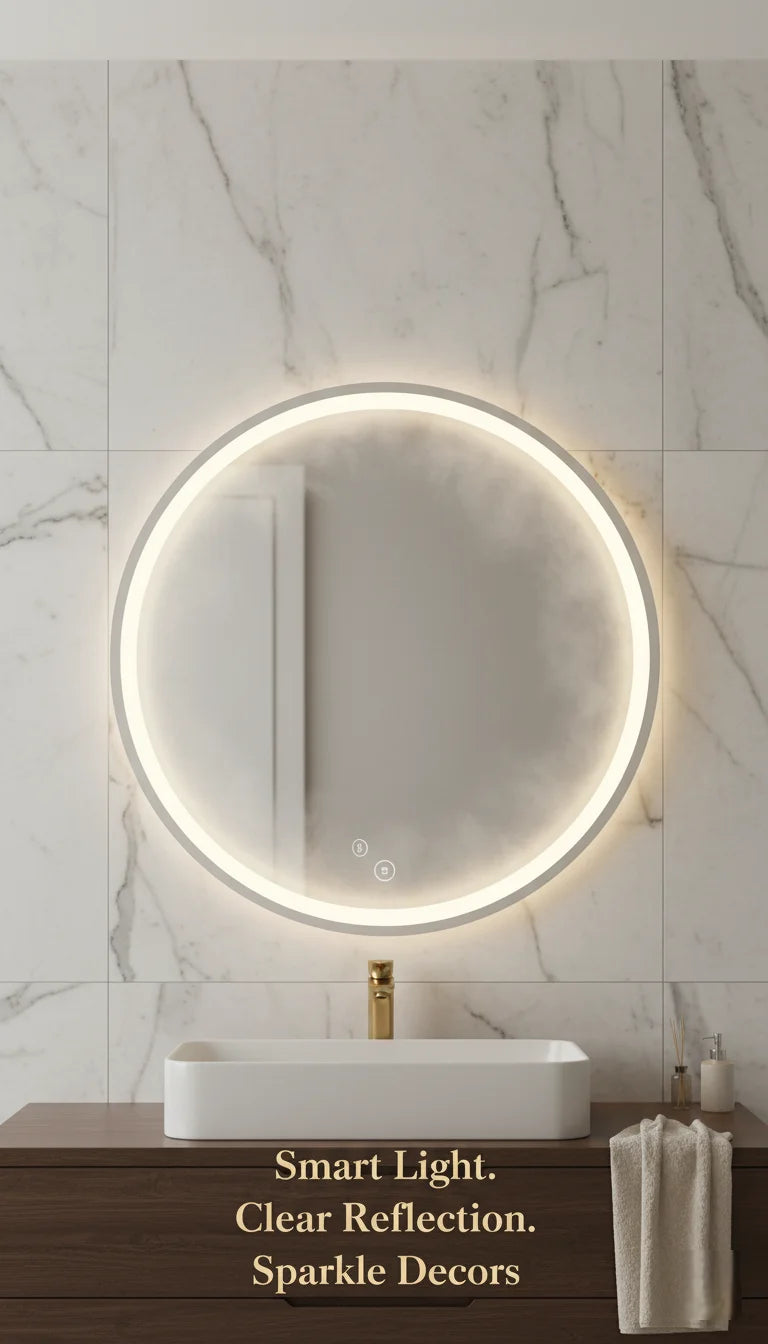 Sparkle Decors Silver Round LED Bathroom Mirror with Bluetooth, Anti-Fog Pad & Touch Dimmer – 60 cm