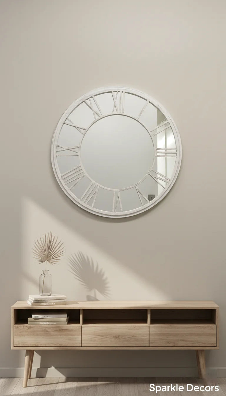 Sparkle Decors White Brushed Grey Round Roman Numeral Wall Mirror 80cm – Indoor & Outdoor Garden Clock Style Decorative Mirror