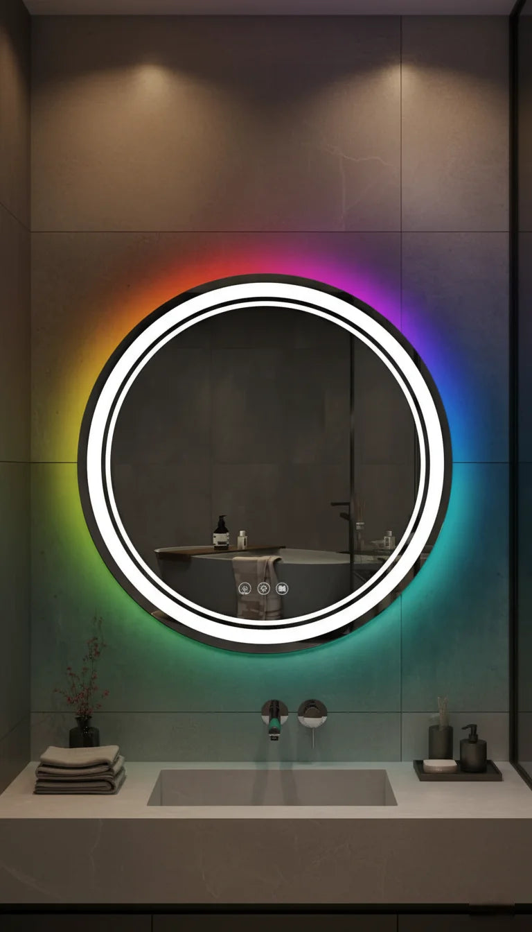 Sparkle Decors 60x60cm Dual LED Round Bathroom Mirror with Multi-Color Lighting, Touch Control & Anti-Fog Pad
