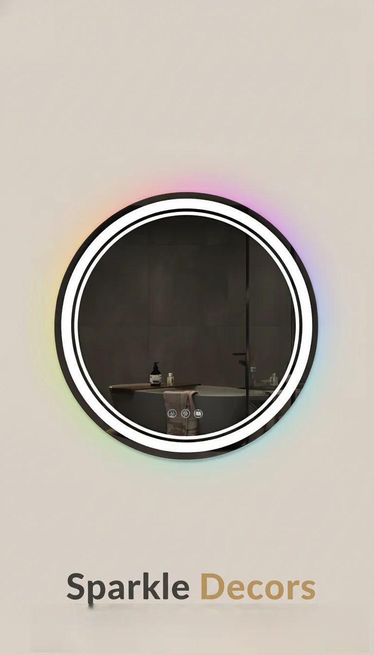 Sparkle Decors 60x60cm Dual LED Round Bathroom Mirror with Multi-Color Lighting, Touch Control & Anti-Fog Pad
