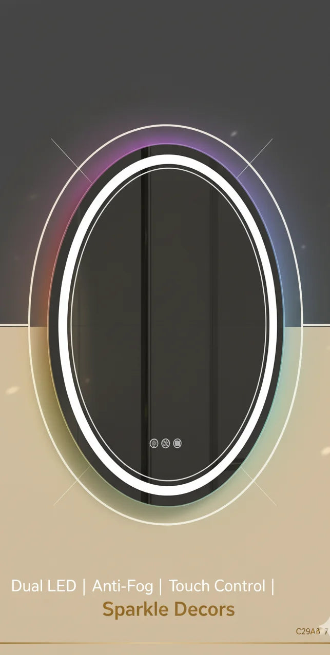 Sparkle Decors 70x50cm Dual LED Oval Lighted Bathroom Mirror | Multi-Color Backlit, Touch Sensor & Anti-Fog Pad