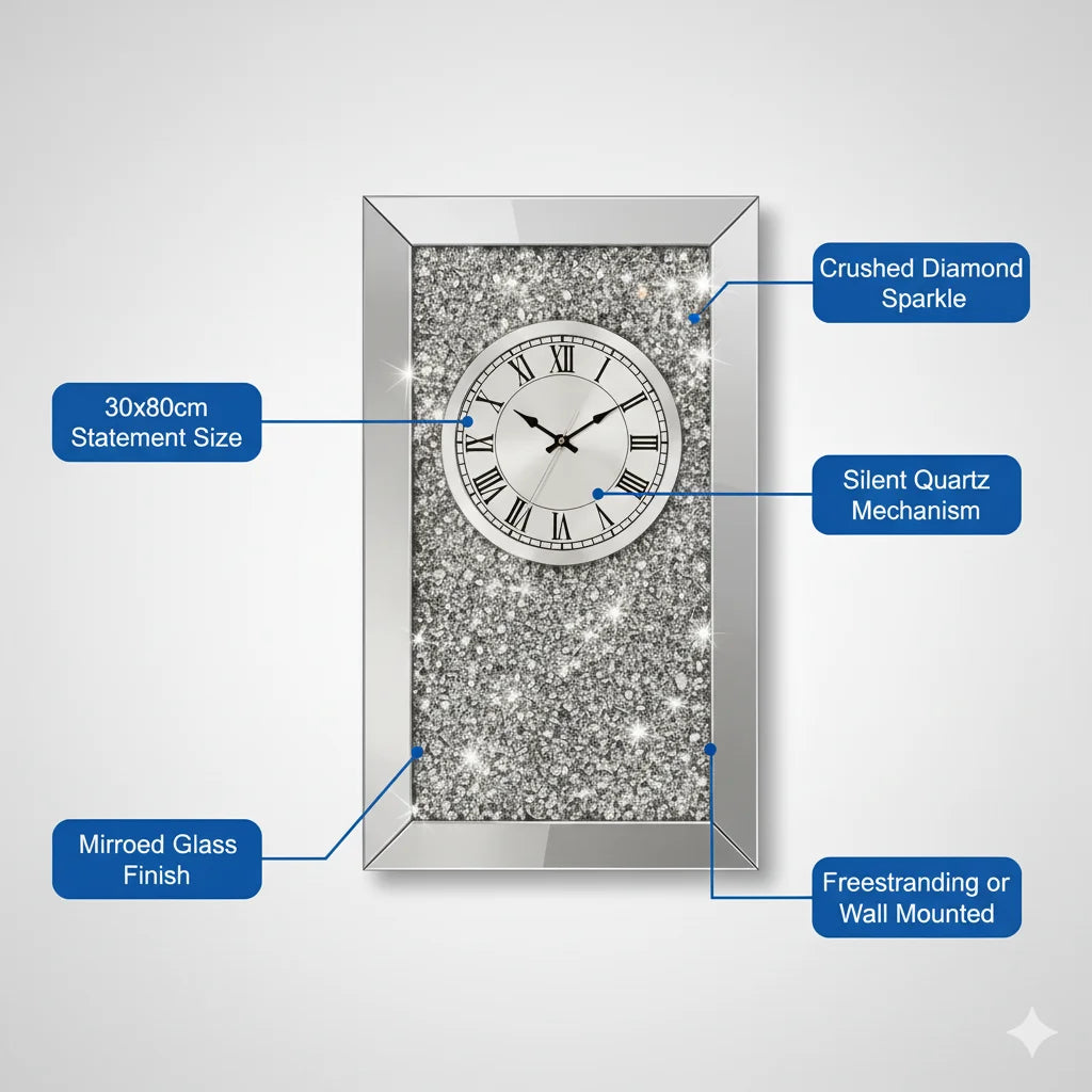 Mirrored Crushed Crystal Diamond Mantel Clock 30×80 cm – Silent Design | Sparkle Decors UK