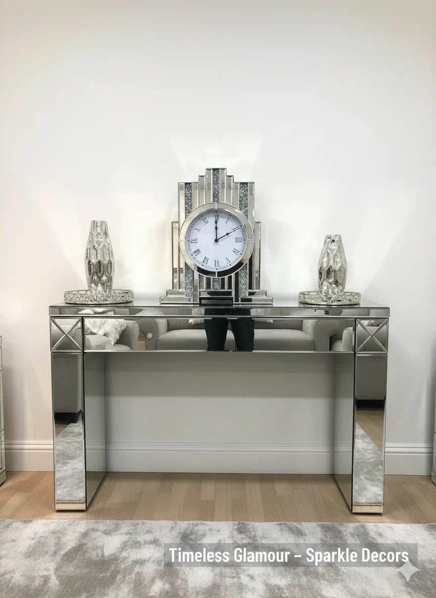 Mirrored Crushed Crystal Diamond Mantel Clock 33×50 cm – Luxury Accent | Sparkle Decors UK