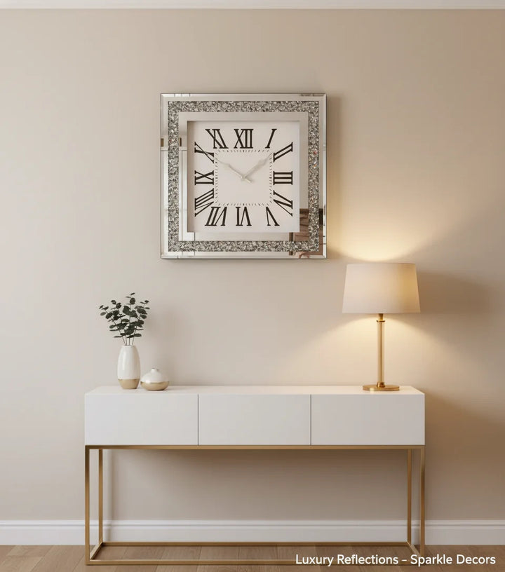 Square Diamante Mirrored Wall Clock 35cm – Silent Roman Silver Accent | Sparkle Decors UK