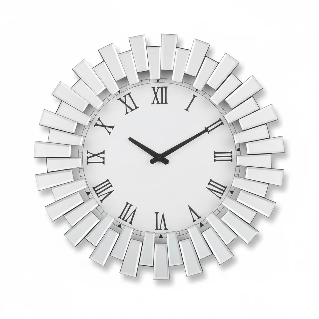 3D Sunburst Mirrored Wall Clock 60cm – Silver Roman Numeral Luxury Style | Sparkle Decors UK