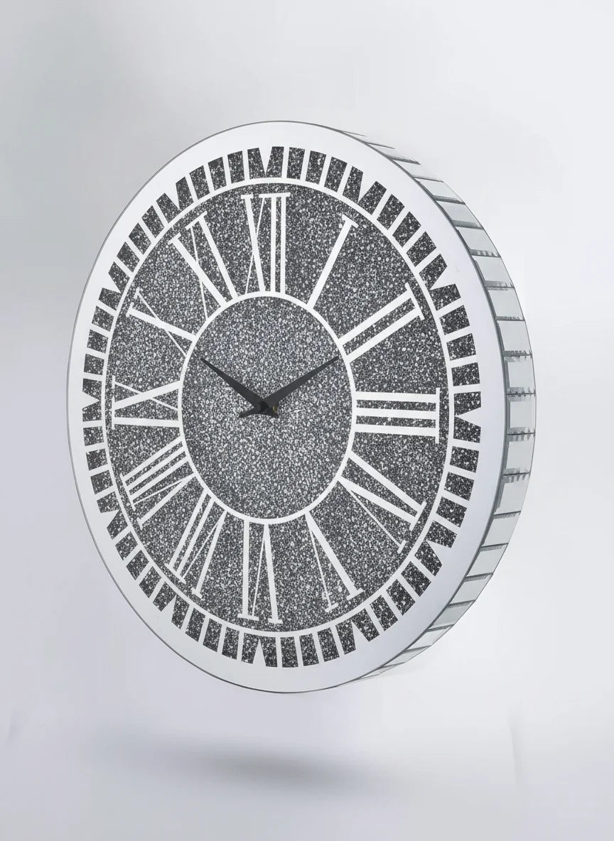 Bevelled Diamante Round Wall Clock 40cm – Silent Silver Luxury Wall Design | Sparkle Decors UK
