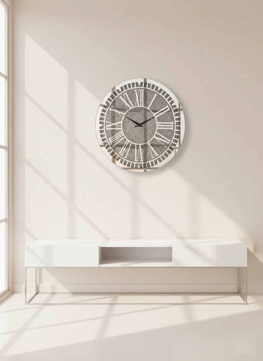 Bevelled Diamante Round Wall Clock 40cm – Silent Silver Luxury Wall Design | Sparkle Decors UK