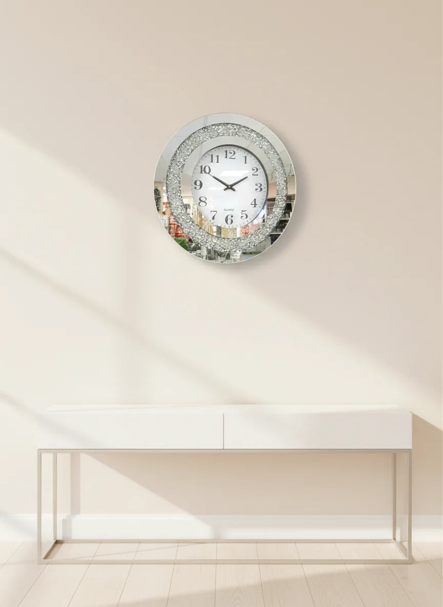 Mirrored Diamante Round Wall Clock 40cm – Luxury Silver Crystal Accent | Sparkle Decors UK