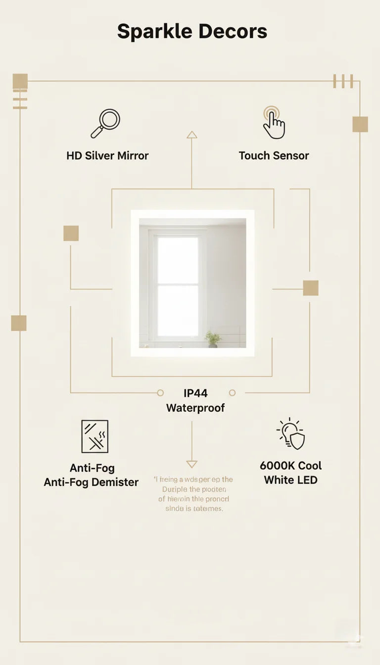 Sparkle Decors HD LED Bathroom Mirror with Touch Sensor & Demister Pad – 70x50cm Rectangular Illuminated Wall Mirror