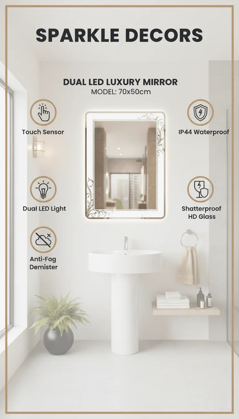Sparkle Decors Double LED Bathroom Mirror with Touch Sensor & Anti-Fog Pad – 70x50cm Rectangular Backlit Mirror