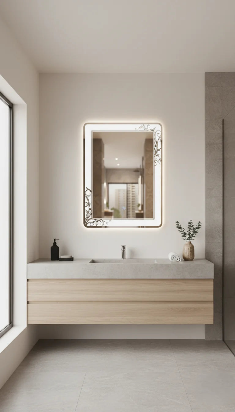 Sparkle Decors Double LED Bathroom Mirror with Touch Sensor & Anti-Fog Pad – 70x50cm Rectangular Backlit Mirror