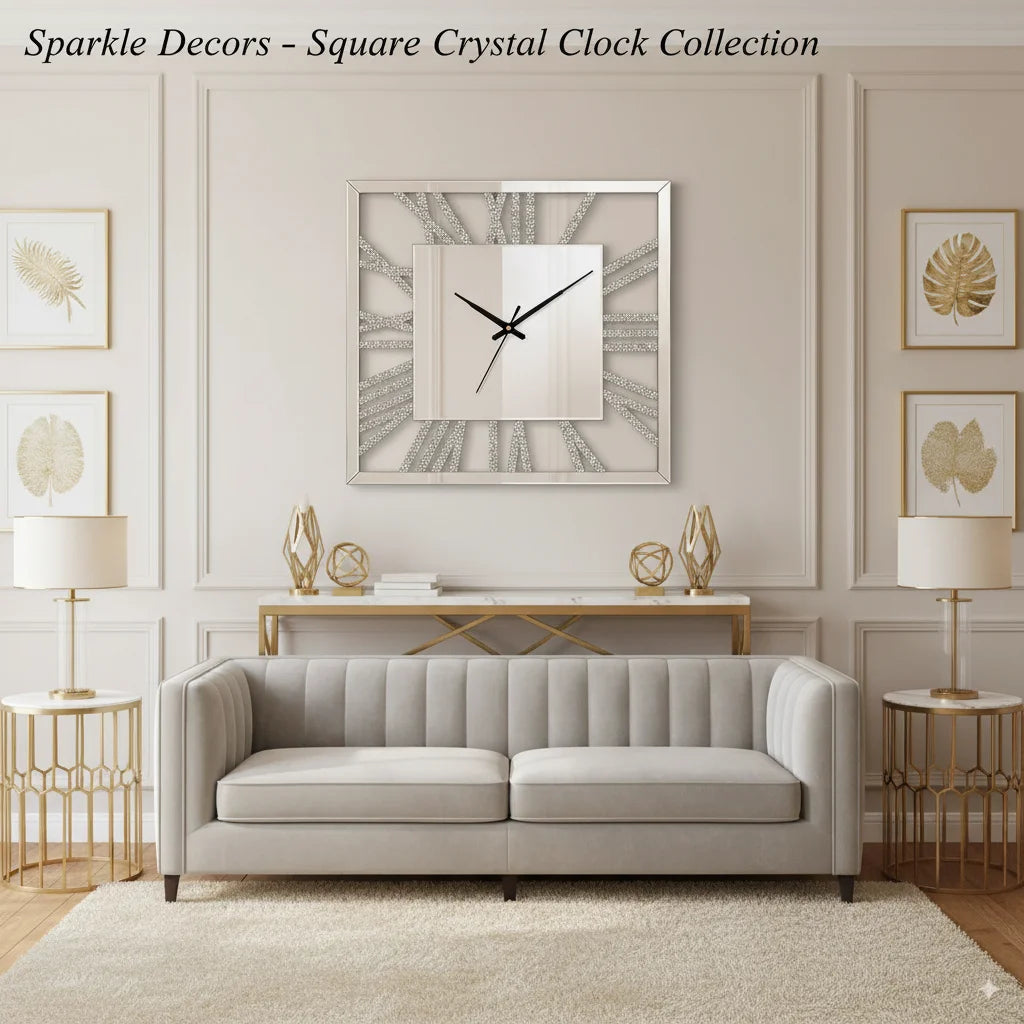 Square Crushed Crystal Mirrored Wall Clock 60×60 cm – Roman Glam Design | Sparkle Decors UK