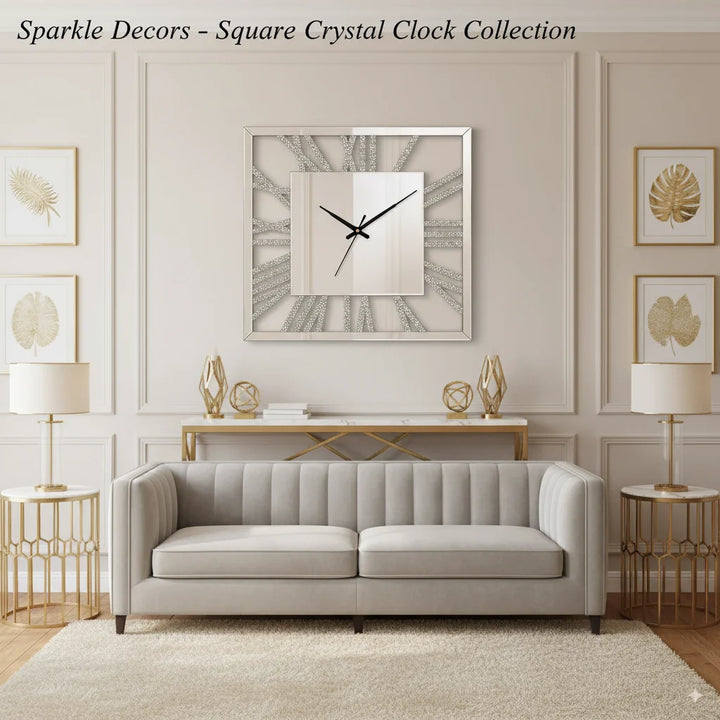 Square Crushed Crystal Mirrored Wall Clock 60×60 cm – Roman Glam Design | Sparkle Decors UK