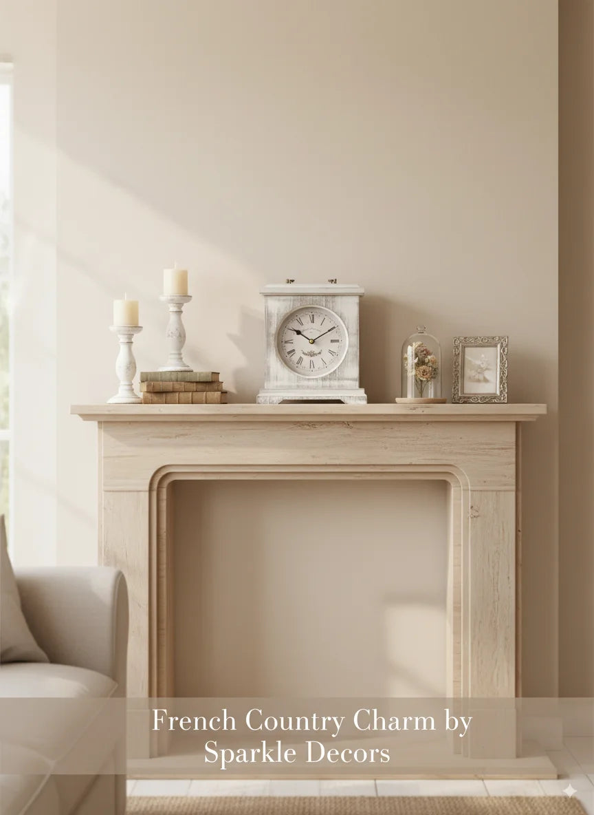 Reyenay Mantel Clock 20×23 cm – French Country Whitewashed Tablepiece | Sparkle Decors UK