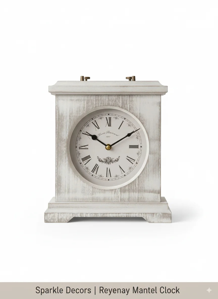 Reyenay Mantel Clock 20×23 cm – French Country Whitewashed Tablepiece | Sparkle Decors UK