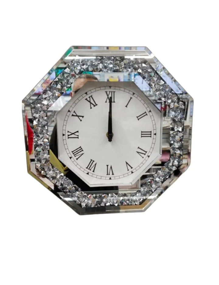 Crushed Crystal Mirrored Wall Clock 35cm Octagon – Silent Roman Accent | Sparkle Decors UK