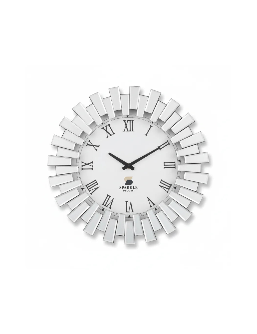 3D Sunburst Mirrored Wall Clock 60cm – Silver Roman Numeral Luxury Style | Sparkle Decors UK