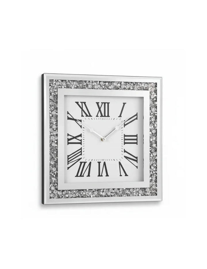 Square Diamante Mirrored Wall Clock 35cm – Silent Roman Silver Accent | Sparkle Decors UK