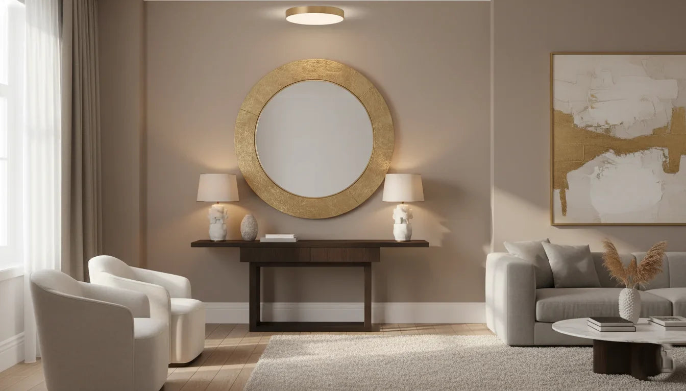 Round decorative art mirror with gold frame above a console in a modern UK living room interior.