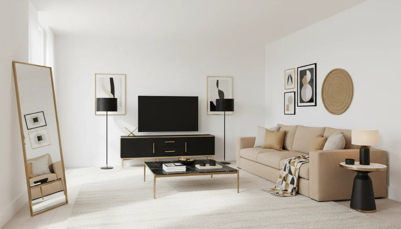 Full length mirror leaning on white wall in modern British living room with gold accents and soft lighting.