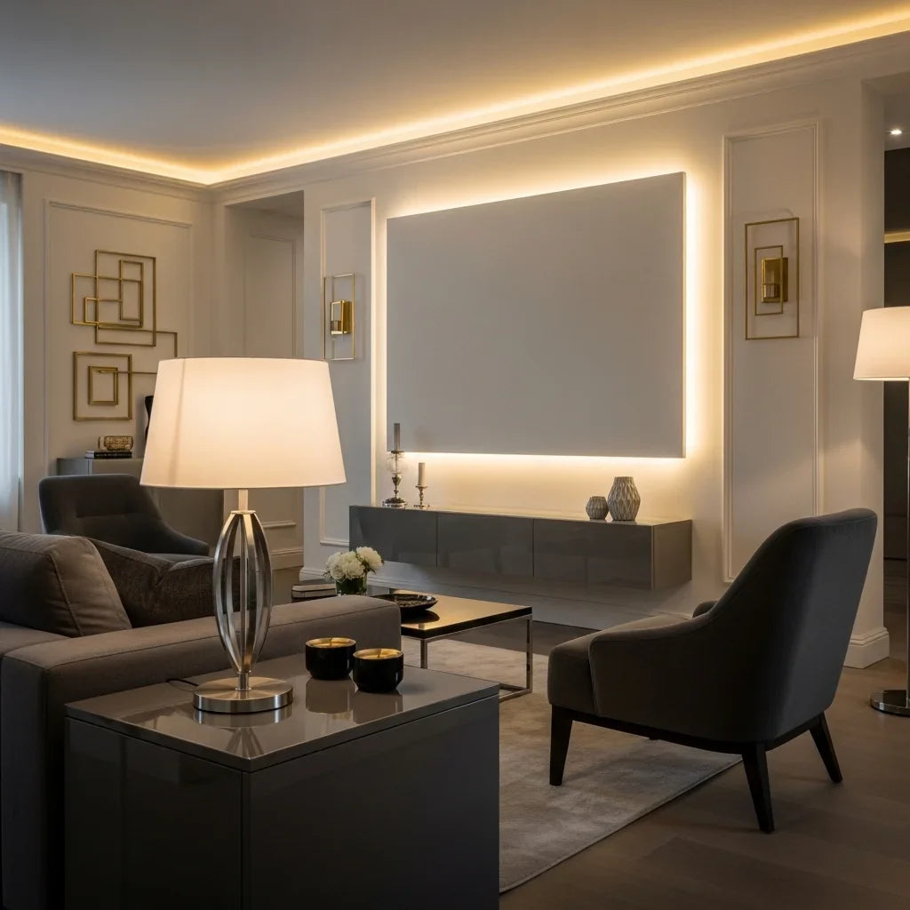 Luxury decorative home lighting including lamps and LED lights in modern European interior