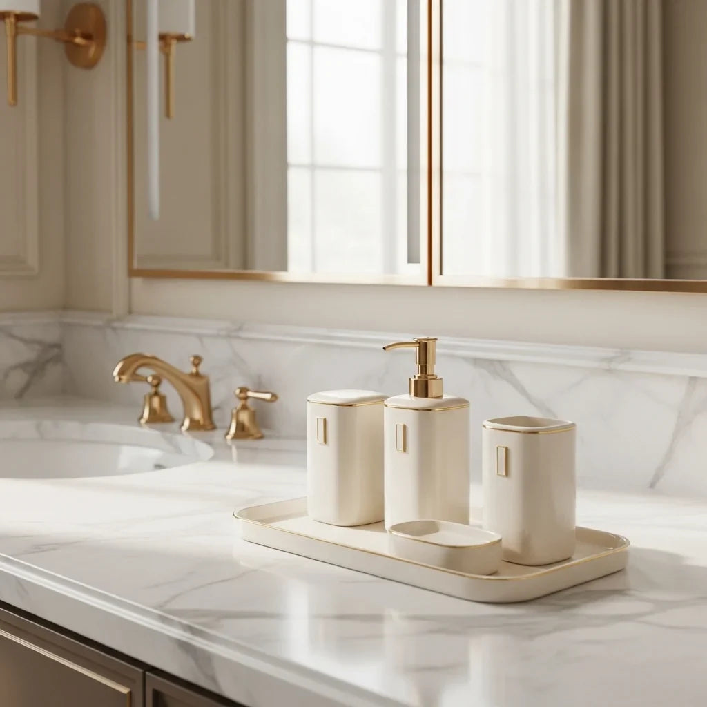 Luxury bathroom accessories set displayed on modern bathroom vanity