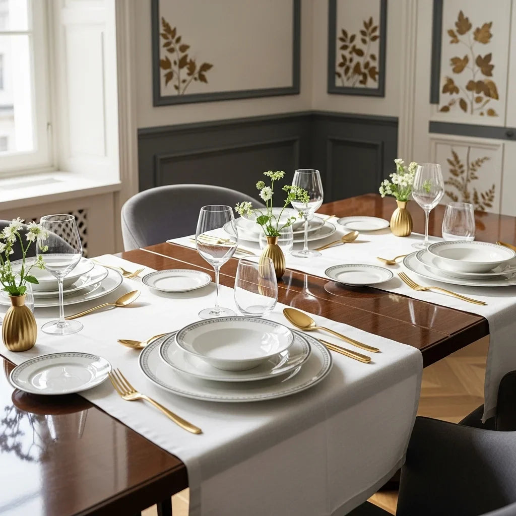 Modern decorative dining plates arranged on elegant dining table
