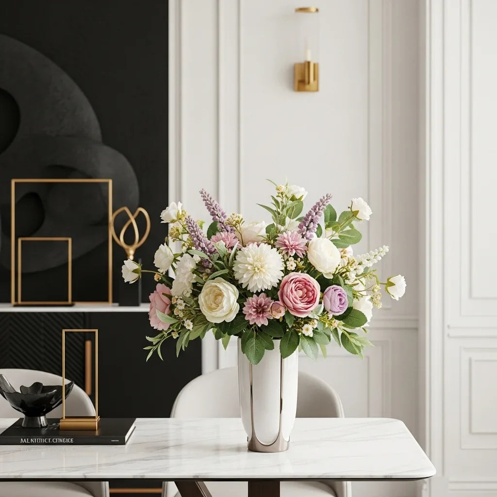 Elegant artificial flower bouquet arranged in decorative vase