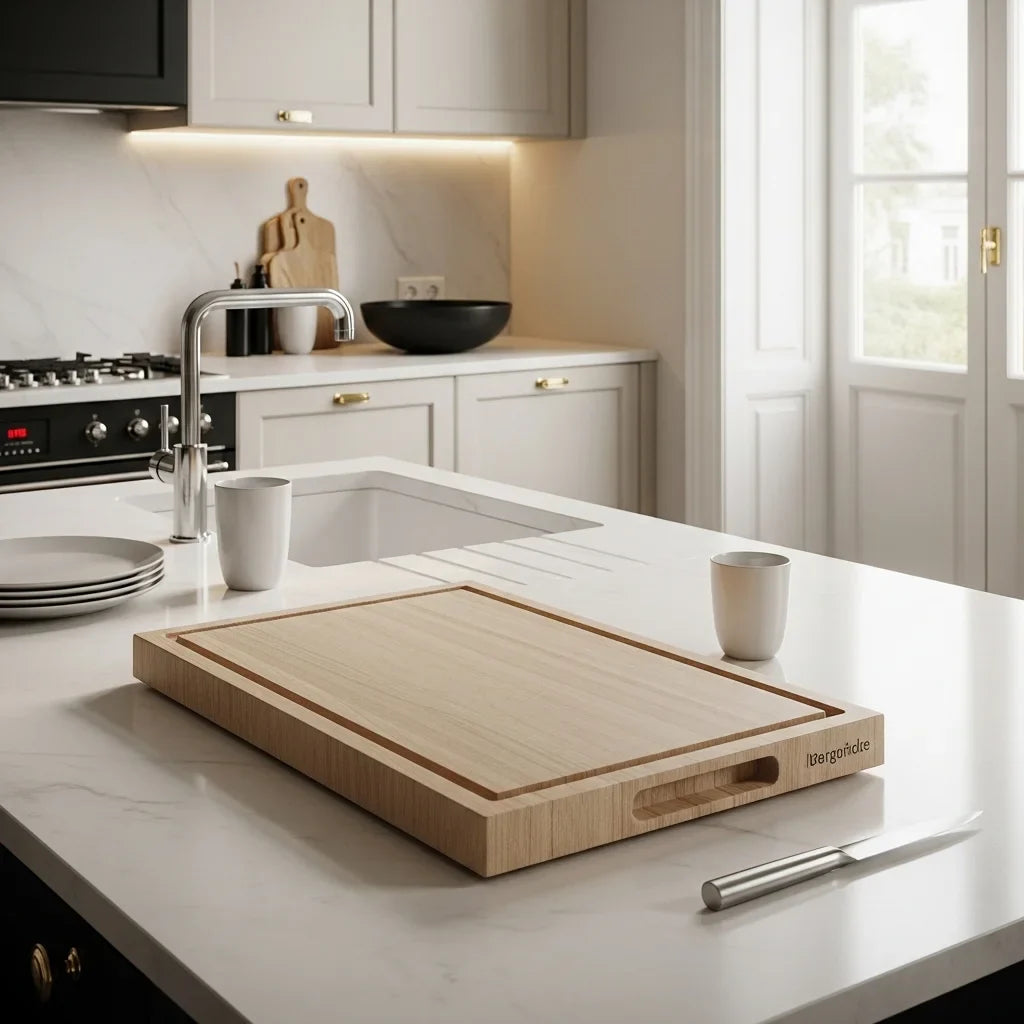 Modern wooden chopping board displayed on kitchen countertop