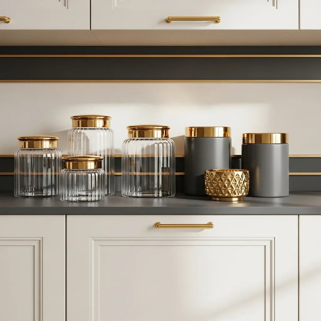 Elegant tea coffee sugar jar set displayed on modern kitchen countertop