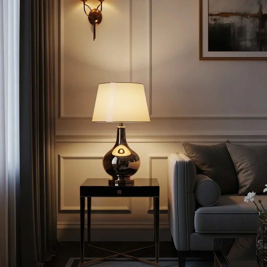 Luxury decorative table lamp glowing on elegant living room side table