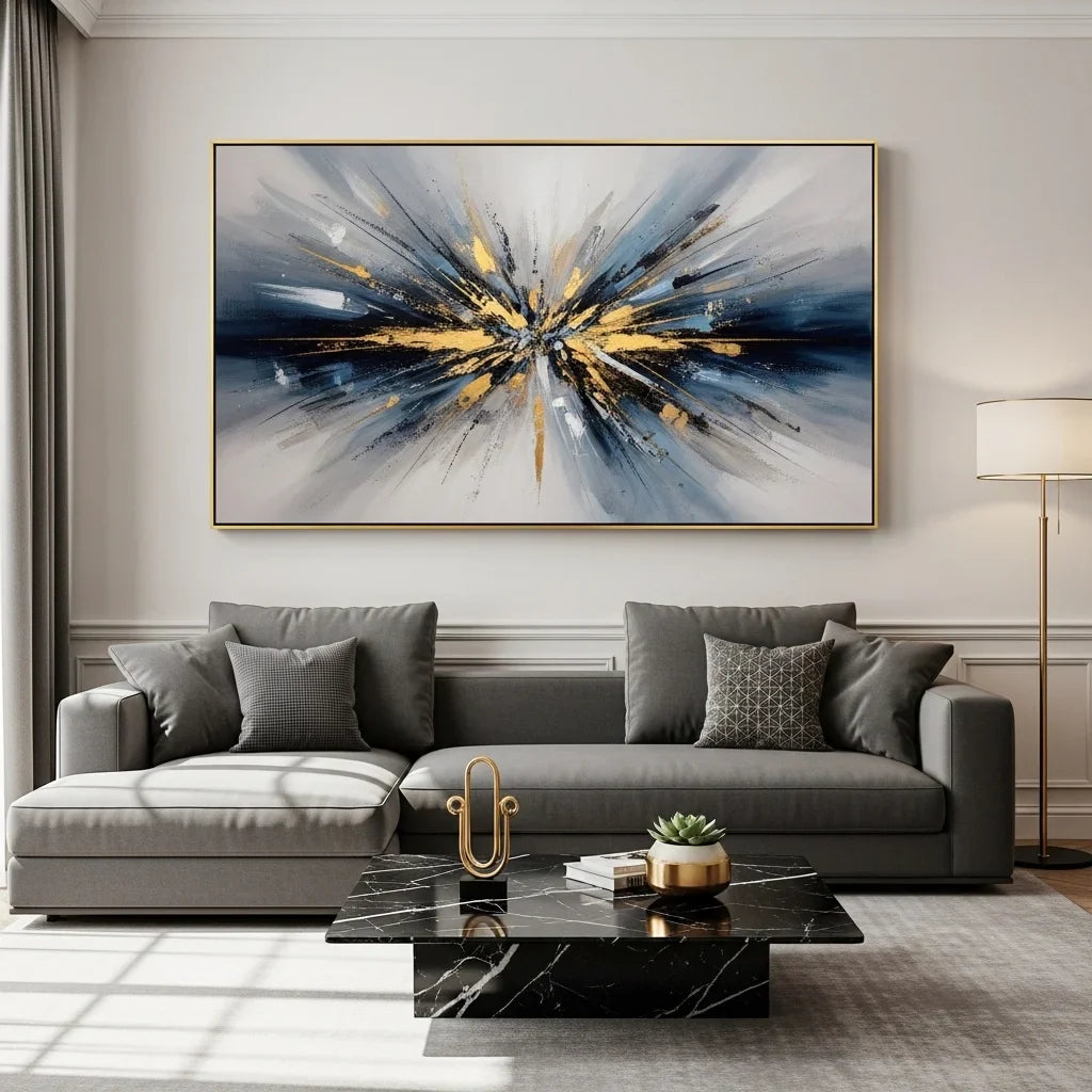Large canvas wall art displayed above sofa in modern European living room
