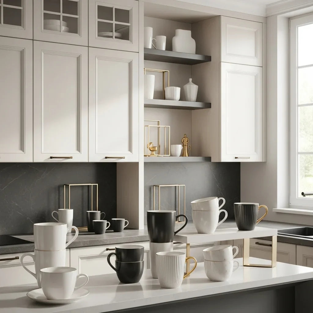 Elegant coffee mugs displayed on modern kitchen shelf