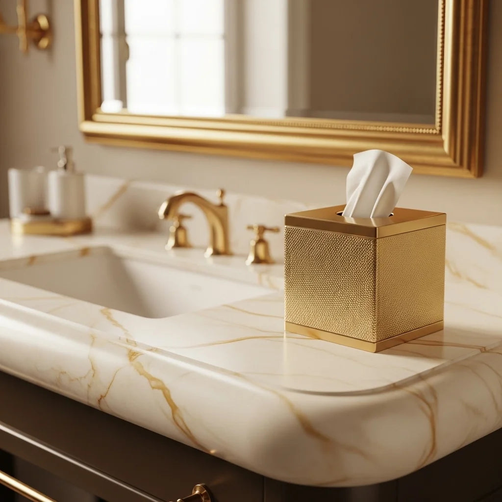 Elegant decorative tissue box displayed on modern bathroom vanity