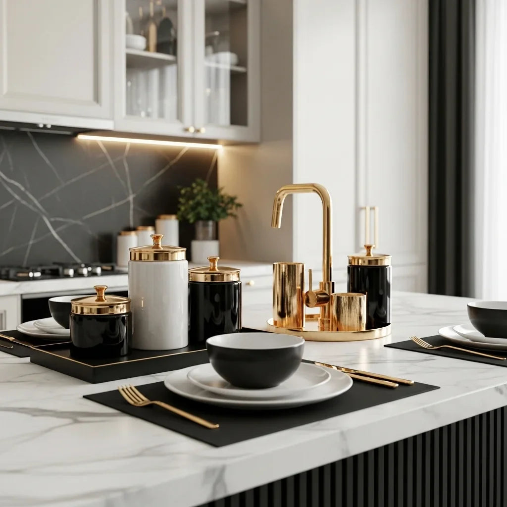 Luxury kitchen and dining decor accessories arranged in modern European kitchen