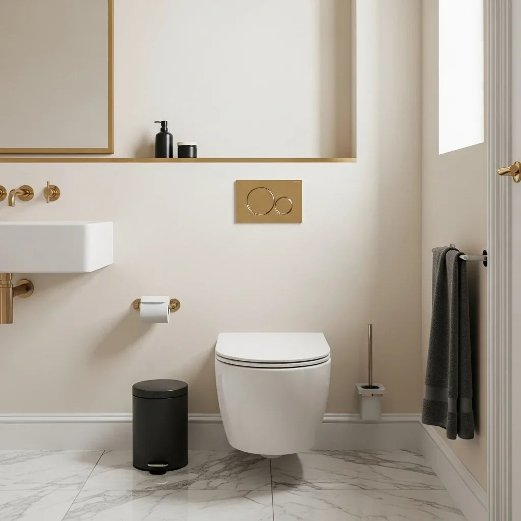 Modern toilet seat installed in elegant minimalist bathroom interior