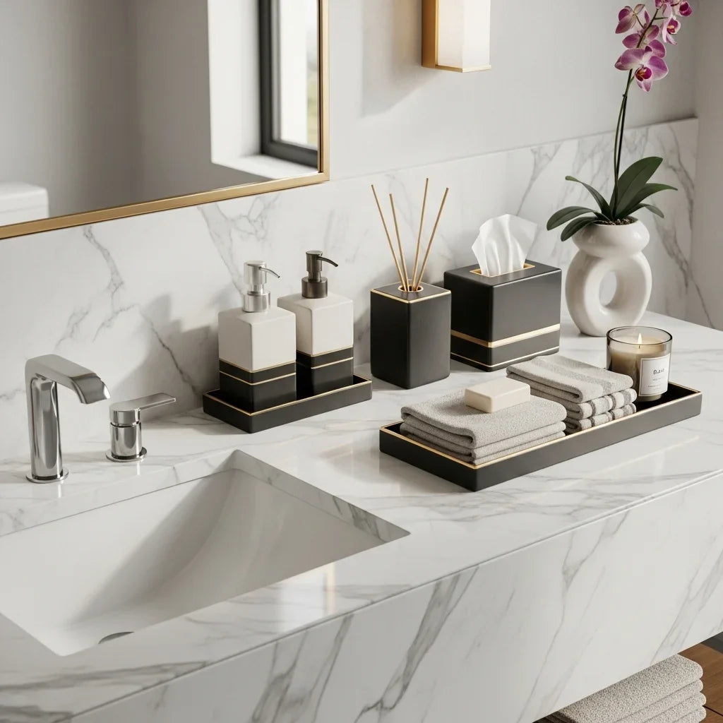Luxury bathroom decor accessories displayed in modern European bathroom interior