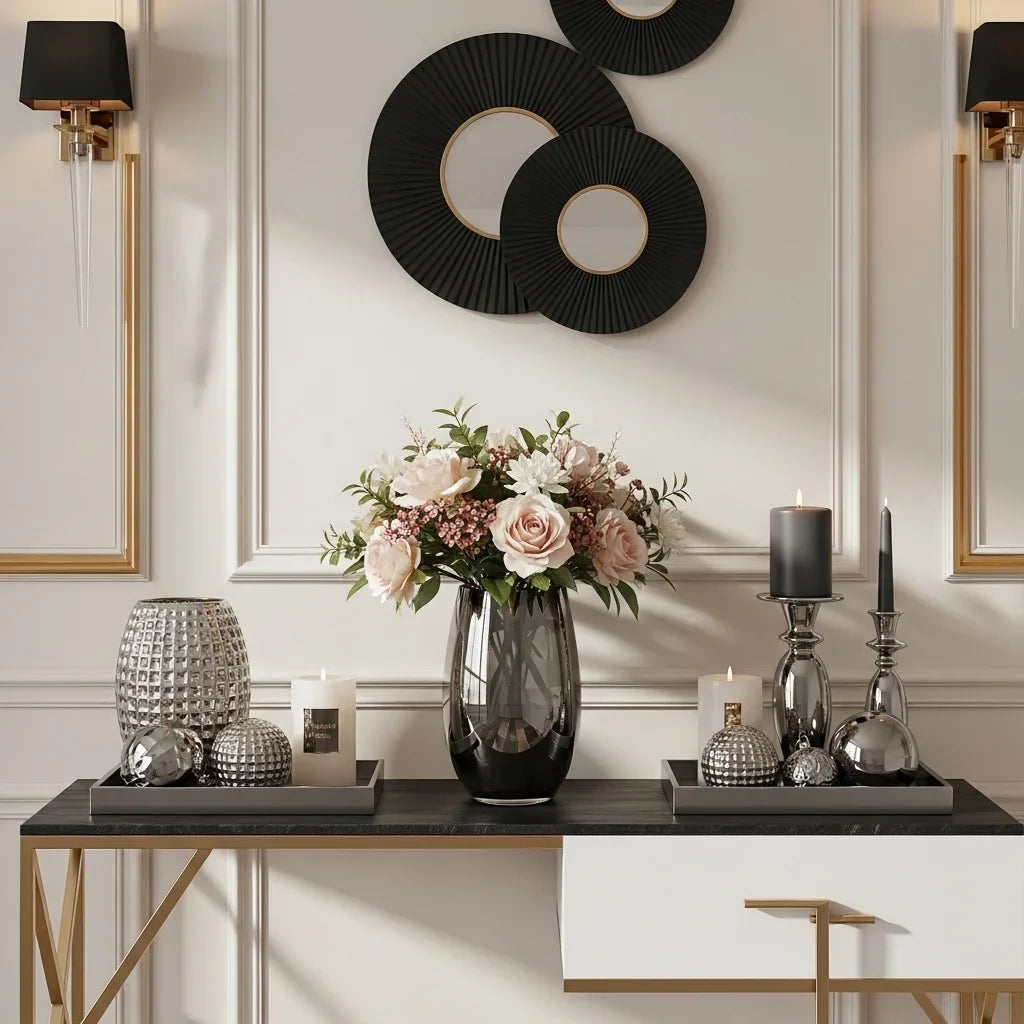 Luxury home decor accessories and ornaments displayed in elegant European interior