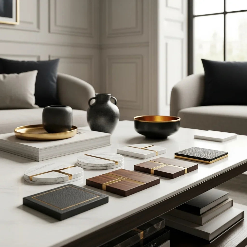 Stylish drink coasters arranged on modern coffee table