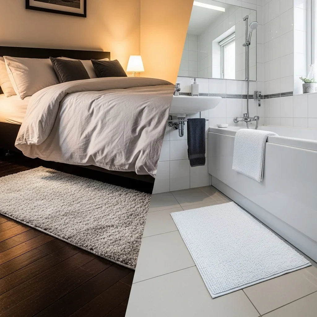 Luxury soft bath mat placed beside modern bathtub in elegant bathroom