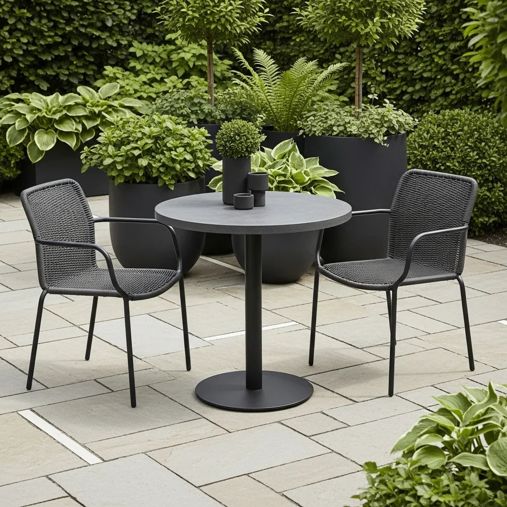 Elegant outdoor bistro table and chair set placed on garden patio