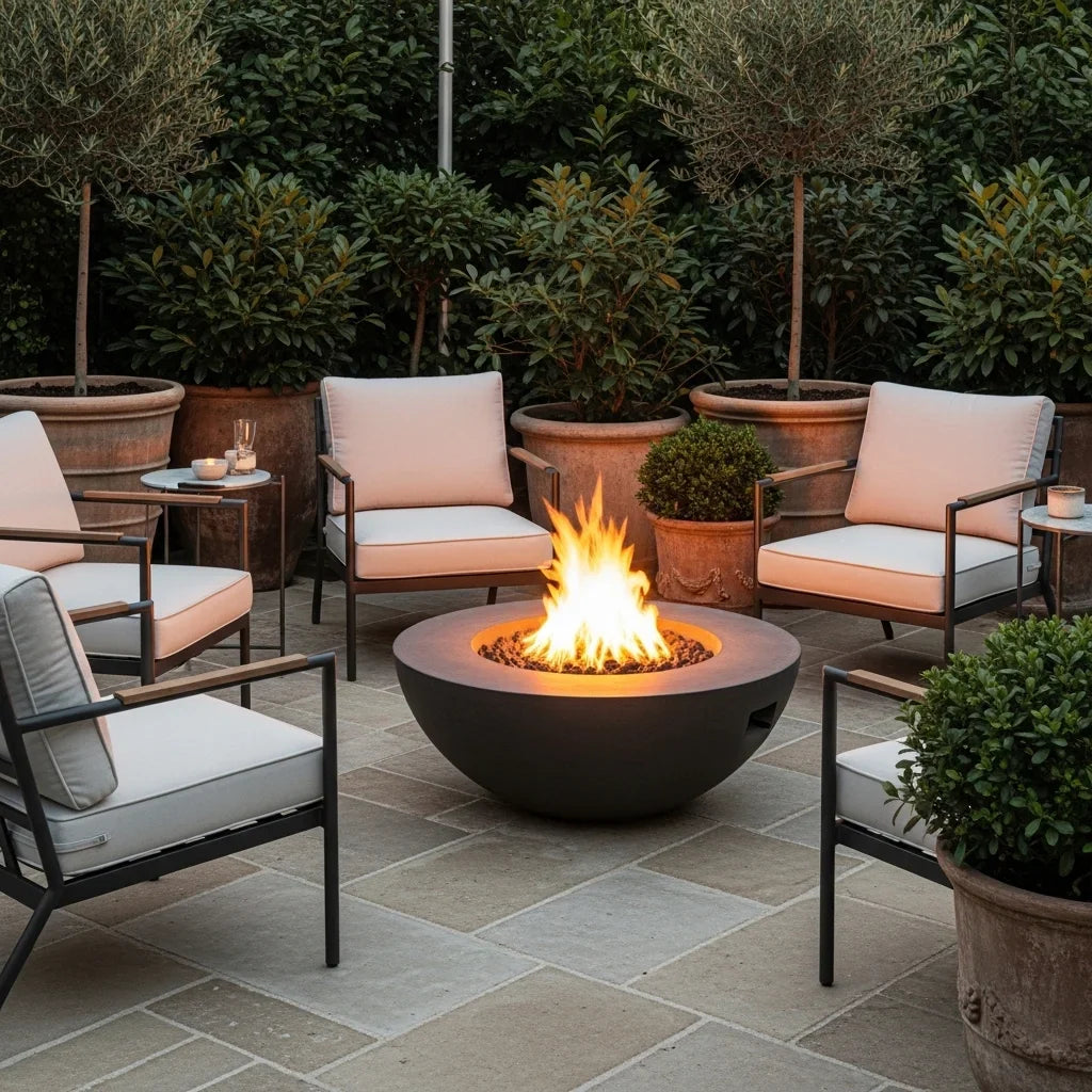 Modern outdoor fire pit glowing on stylish garden patio seating area