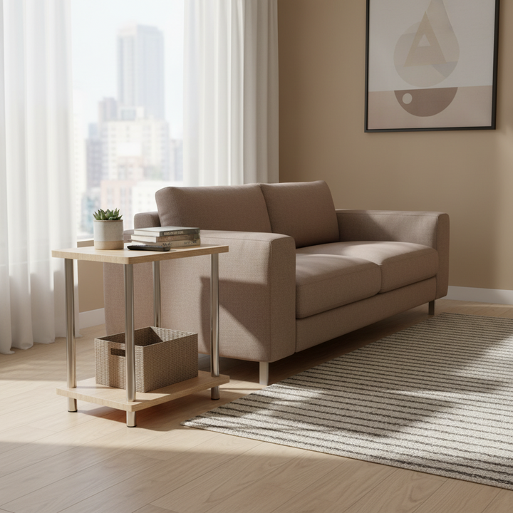 2 Tier Oak Side Table with Metal Legs