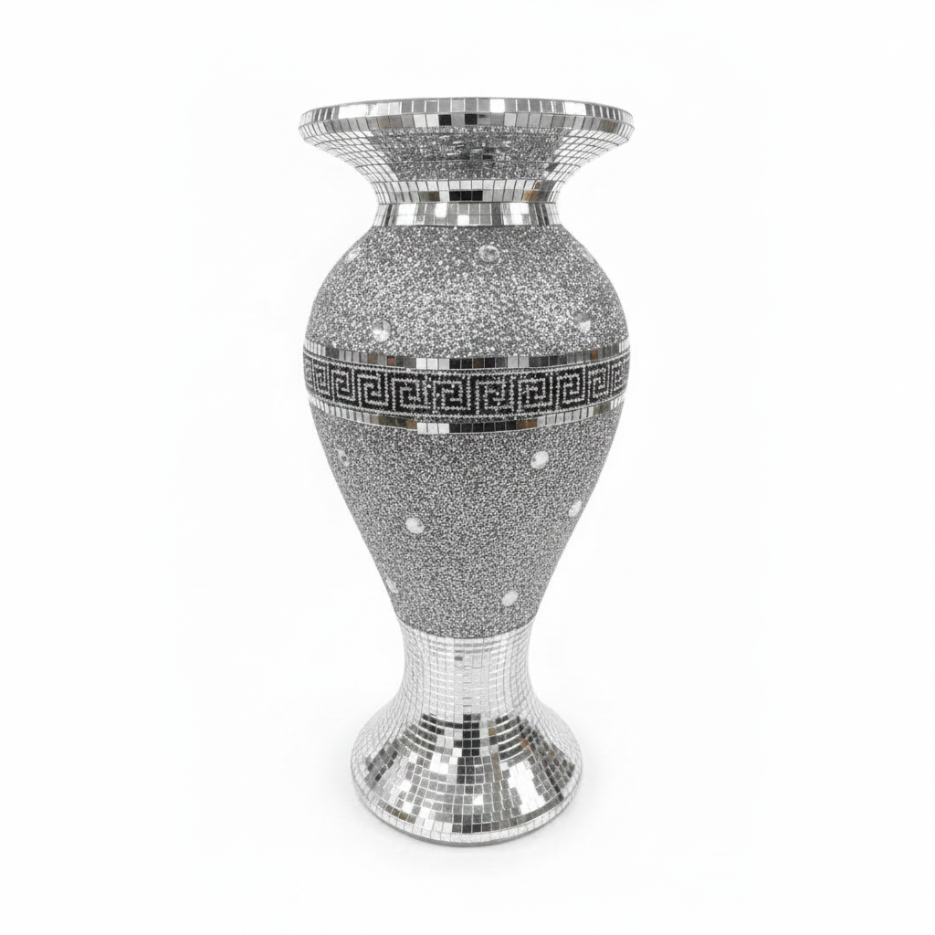 Decorative vase with mirror mosaic design on a white background