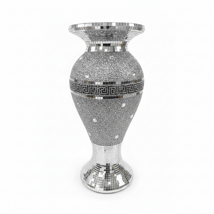 Decorative vase with mirror mosaic design on a white background