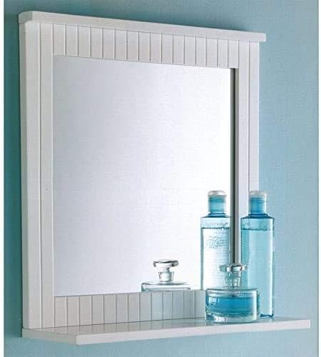 White wooden bathroom mirror with storage shelf