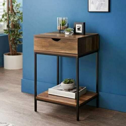 rustic oak side table with drawer industrial metal base