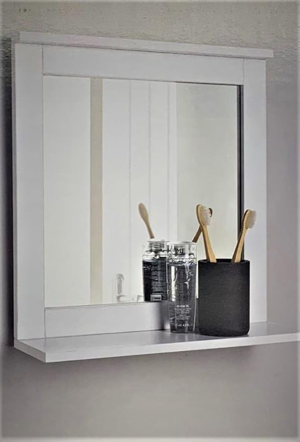 White bathroom wood frame mirror with shelf