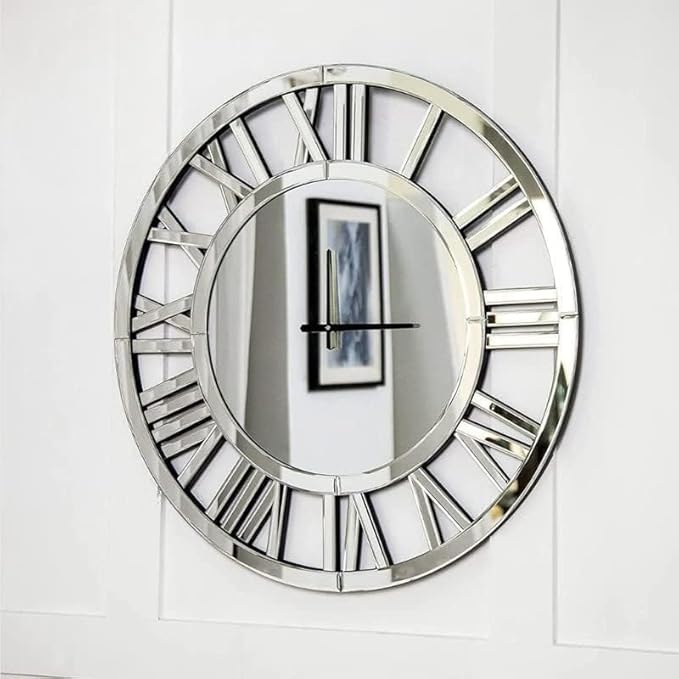 Round mirrored wall clock large silver modern home decor