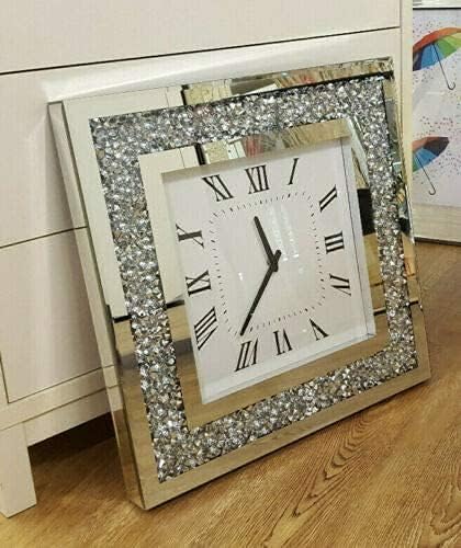 Crystal mirrored square wall clock silver diamante décor